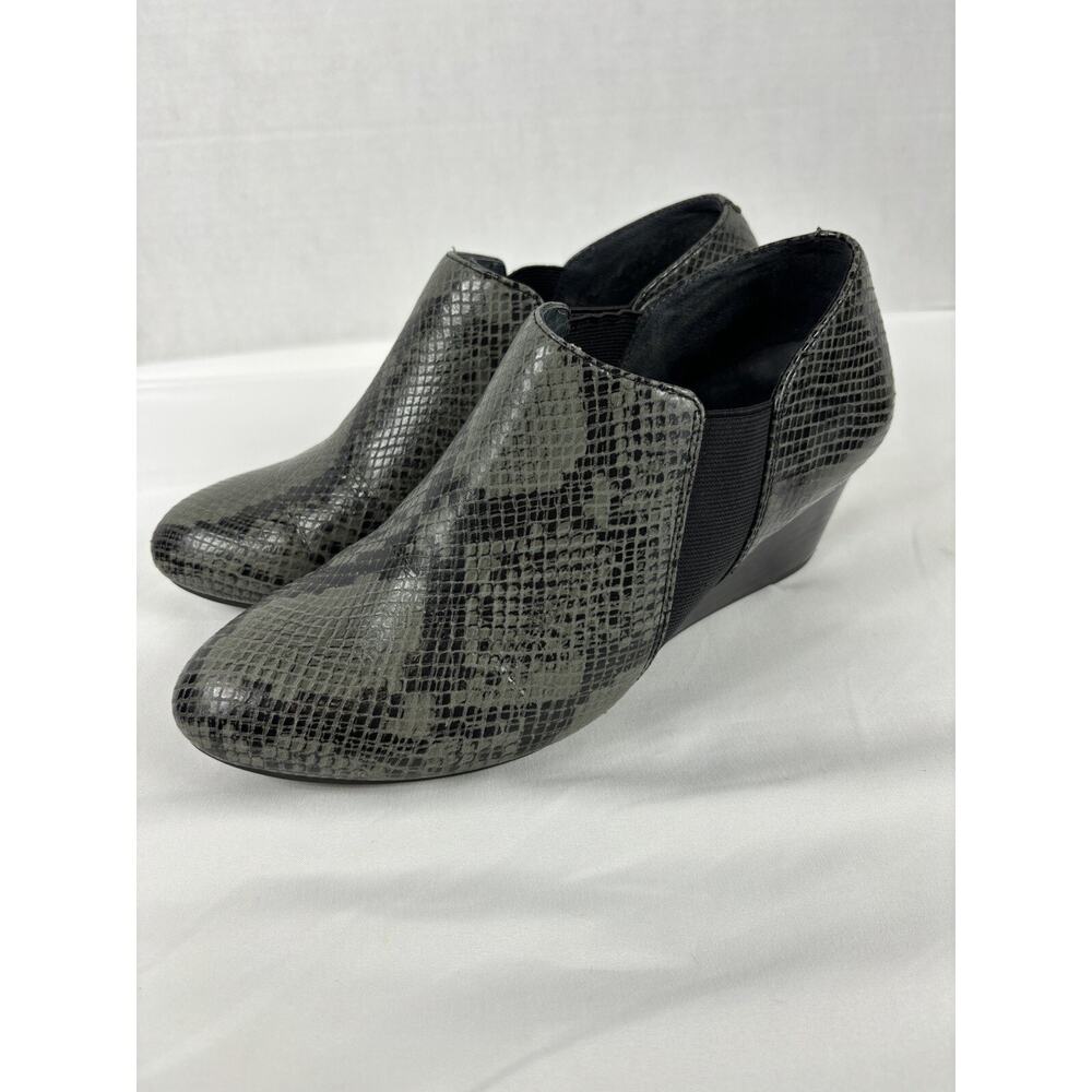 Vionic Stanton Wedge Ankle Boot Bootie Grey Black Snakeprint 8.5 Arch Support